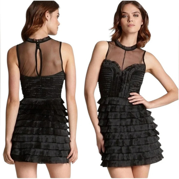 Free People Black Mesh Pleated Ruffle Tiered Mini Cocktail Party Dress Size 0 - Picture 1 of 12